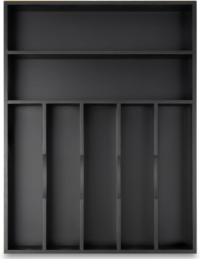Bamboo Silverware Holder Drawer Utensil Organizer with 7 Slots Black | 13 Inch, 7 Divided Slots, Black Bamboo Wooden, Organize Kitchen Bedroom Office, Flatware Spoon Fork Cutlery Tray by Besilord