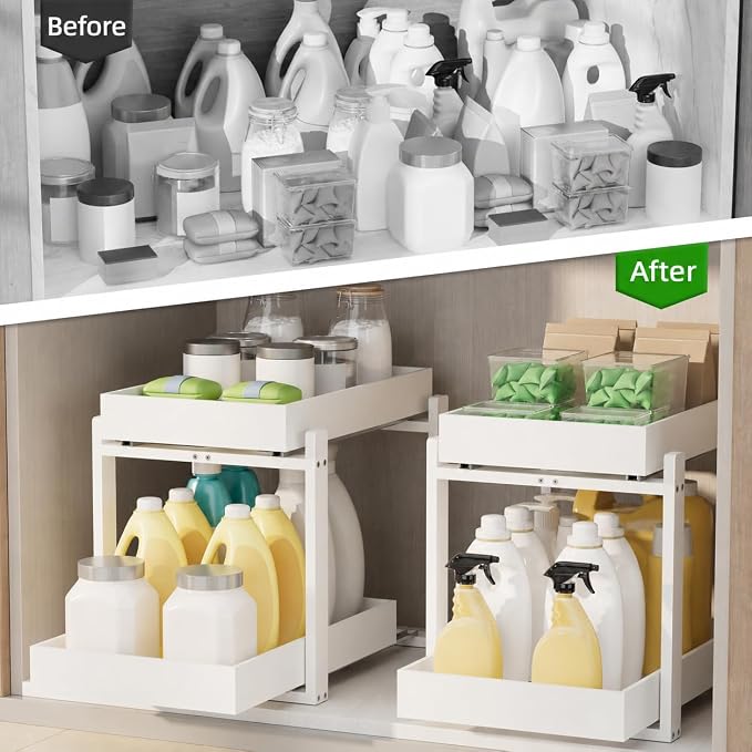 APRTAT 2 Pack Bamboo Under Sink Organizer, 2-Tier Pull Out Storage Drawers | Smooth pull-out drawers keep cleaners and tall bottles visible, organized and easy to reach in kitchen or bathroom cabinets - Image 5
