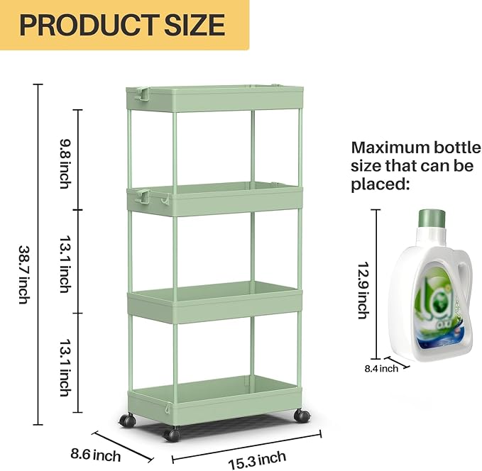 4 Tier Rolling Cart with Wheels, Storage Craft Art Trolley Organizer Serving, 3 Hanging Baskets Easy Assembly, for Office, Living Room, Kitchen - Image 4