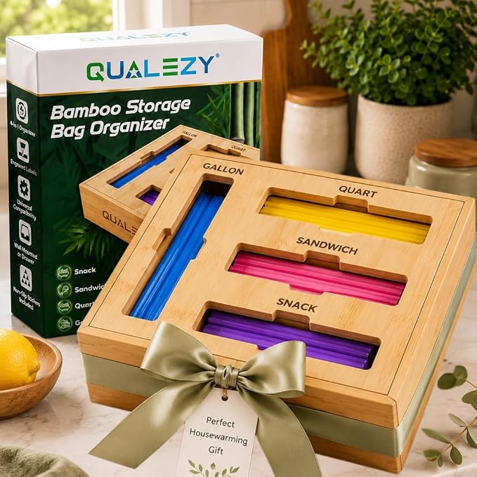 Bamboo Storage Bag Organizer for Drawer | 4-in-1 Baggie Organizer, Kitchen Drawer, Wall Mount & Countertop, Gallon, Quart, Sandwich & Snack, Engraved Labels - Image 4