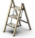 3 Step Ladder, Foldable Aluminum Step Stool with Anti-Slip Pedal | Lightweight yet Sturdy, Portable, Non Slip Feet, 300Lbs Capacity, Elegant Look, for Kitchen, Closet, Pantry, Champagne Gold by GameGem