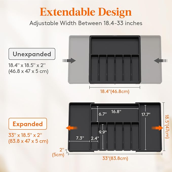 Lifewit Extra Large Silverware Drawer Organizer, Expandable Utensil Tray | BPA Free Flatware Cutlery Holder for Kitchen, Adjustable Plastic Storage for Spoons Forks Knives, 18- 33 x 18.5", Black - Image 4