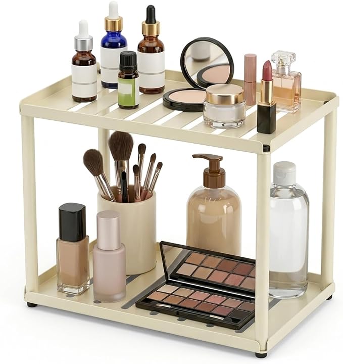 2 Tier Bathroom Counter Organizer, Rectangular Vanity Organizer Shelf, Skincare and Makeup Countertop Storage Rack for Kitchen, Bathroom, Bedroom Beige by Unknown