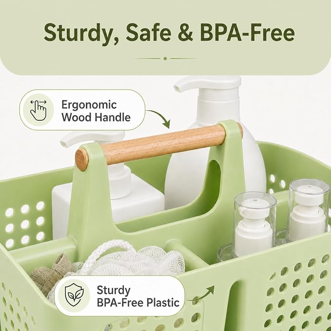 Portable Shower Caddy Basket with 3 Compartments and Handle, Grass Green | Plastic Divided Storage Caddy for Camping, RVs, Outdoor Showers, Bathrooms, Laundry Rooms and Cleaning Supplies - Image 6