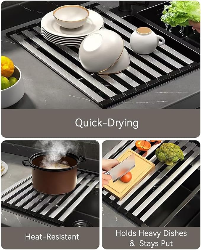 17.72" Dish Drying Rack Over the Sink, 1.28lb Heavy-Duty 304 Stainless Steel, Non-Slip Silicone Edges, Folding Space-Saving for Home & RV Kitchen, Dish Drainer, Cooling Rack & Sink Cover - Image 2