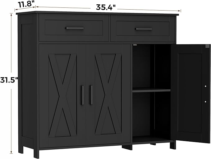 Homhedy Coffee Bar Storage Cabinet with Drawers, Kitchen Buffet Cabinet | Sideboard Cabinet with Doors, Farmhouse Buffet Cabinet, Adjustable Shelves, for Kitchen / Dining / Living Room, Black - Image 2