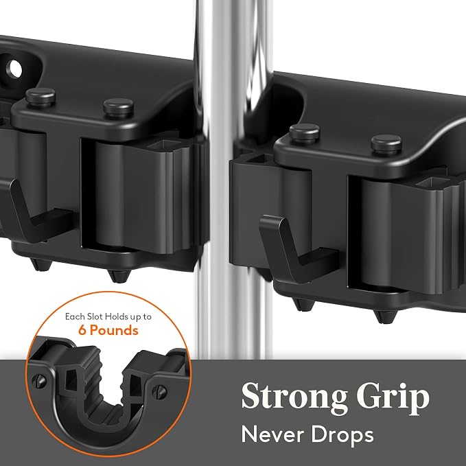 Lifewit Mop and Broom Holder Organzier Wall Hanging Mount, Black, 2 Pack | Anti-Slip Broom Storage for Cleaning Organizer, Easy Install Tool Hanging Rack with 5 slots & 6 hooks for Kitchen, Garage - Image 2