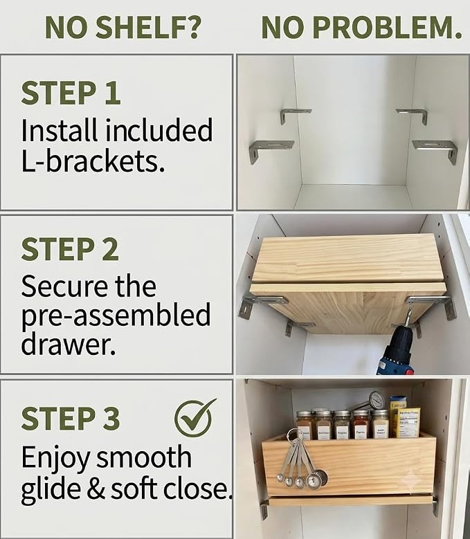 Pre-Assembled Pull Out Cabinet Drawer with L-Brackets No Shelf Required | All 3/4" Solid Wood Construction Soft Close Slide（26''W x 21''D） - Image 7