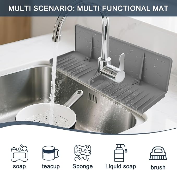 Silicone Faucet Mat for Kitchen Sink - Sink Splash Guard Behind Faucet Grey | drip catcher tray mat Upgraded design, sink backsplash guard behind faucet, dish soap sponge holder, kitchen counter Bathroom - Image 4