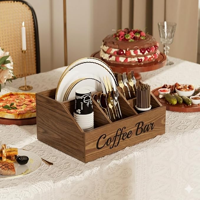 Coffee Station Organizer for Countertop – Wooden Coffee Bar Organizer with Adjustable Dividers,Holds K Cup Pod & syrup bottles, for Kitchen, Office, or Bar and Tea Station, Brown - Image 5