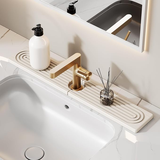23.6 Inch Stone Faucet Mat for Kitchen Sink Splash Guard - Diatomite Quick Dry Stone Mat Kitchen Sink Protectors, Water-Absorbent Faucet Handle Drip Tray(White, 23.6" x 3.9") by Unknown