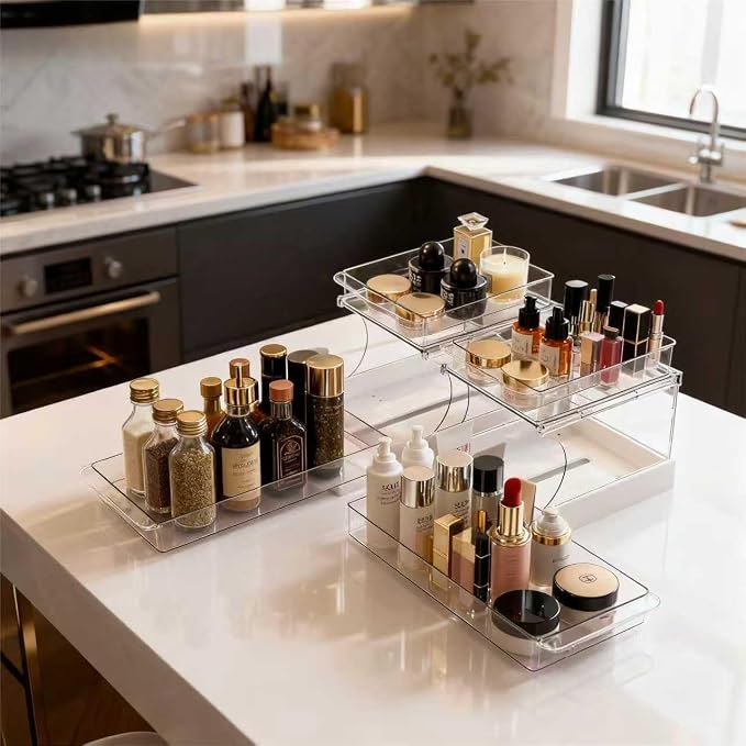Jsyrjing 2 Pack Pull Out Spice Rack, 2 Tier Clear Cabinet Organizer | Rotating Pantry Organizer for Kitchen, Bathroom and Makeup Storage, Sliding Drawer Design for Under Sink Cabinets by HomeLivingKitchenOrganiza