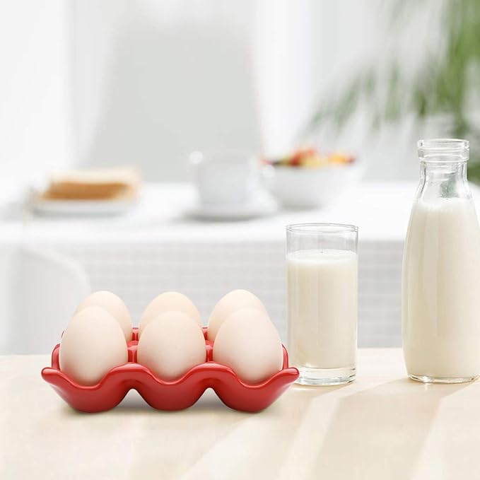 Flexzion Ceramic Egg Tray - 6 Egg Capacity Half Dozen Holder, Red Decorative Serving Dish and Storage Organizer, 2 Pack - Image 4