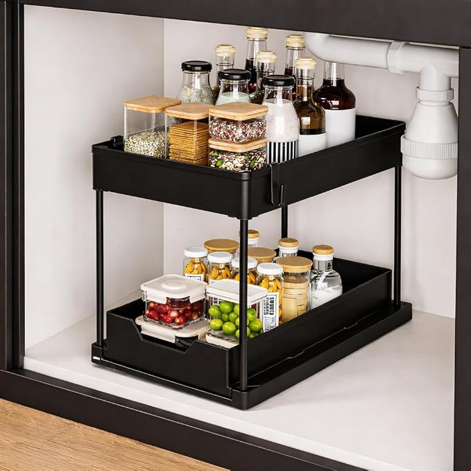 Success Goods 2 Pack Under Sink Organizer with Pull Out Drawer – Double Tier Sliding Storage Rack for Kitchen & Bathroom, Cabinet Organizer for Cleaning Supplies (Black) - Image 4