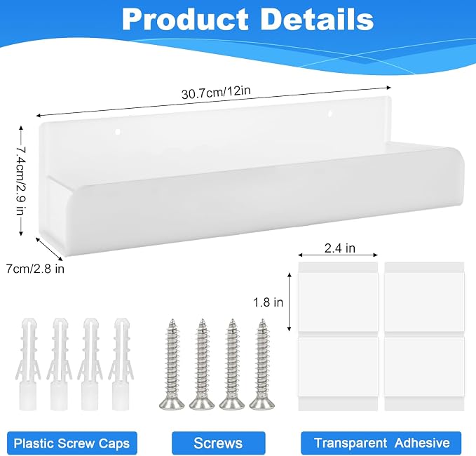 12 Inch Acrylic Spice Rack Wall Mount, White, 4 Pack | Spice Shelf Storage Holder, Hanging Seasoning Rack Organizer, For Cabinet Door, Cupboard or Wall Kitchen, Adhesive or Screw - Image 2