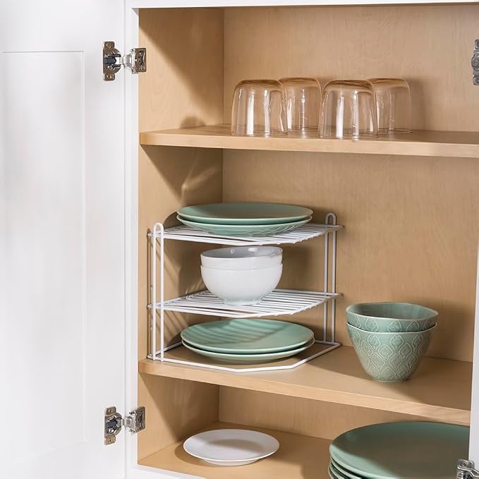 Home Basics Corner Rack, White, Vinyl Coated Steel, Rust Resistant, 2-Tier Shelf, Keeps Spices and Cups Organized, 9x9x8.5in - Image 5