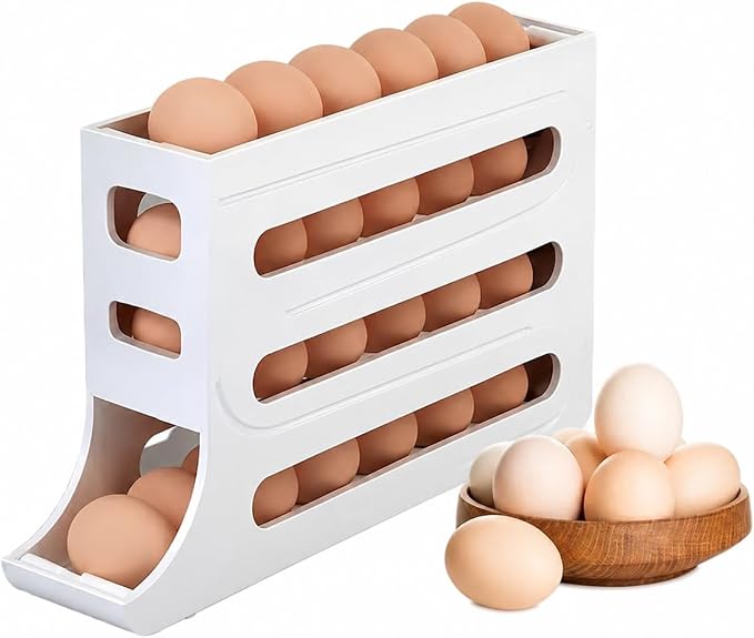 28 Egg Holder for Fridge, 4-Tier Auto Rolling Egg Organizer for Refrigerator, Gravity Slide Dispenser Rack, Space-Saving Storage (White) by Joezhe