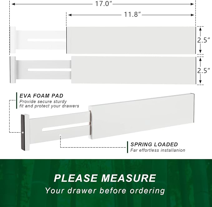 4 Pack Bamboo Drawer Dividers 2.6" High, Adjustable from 12 Inch to 17 Inch | Expandable Kitchen Drawer Organizer Separators for Clothes, Kitchen, Bedroom, Dresser, Office (White) - Image 7