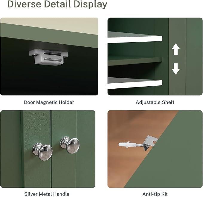 Iwell 58" H Tall Bathroom Storage Cabinet with 2 Drawers & 2 Adjustable Shelves, Bathroom Cabinet with 4 Doors, Tall Cabinet for Living Room, Dining Room, Entryway, Forest Green - Image 9