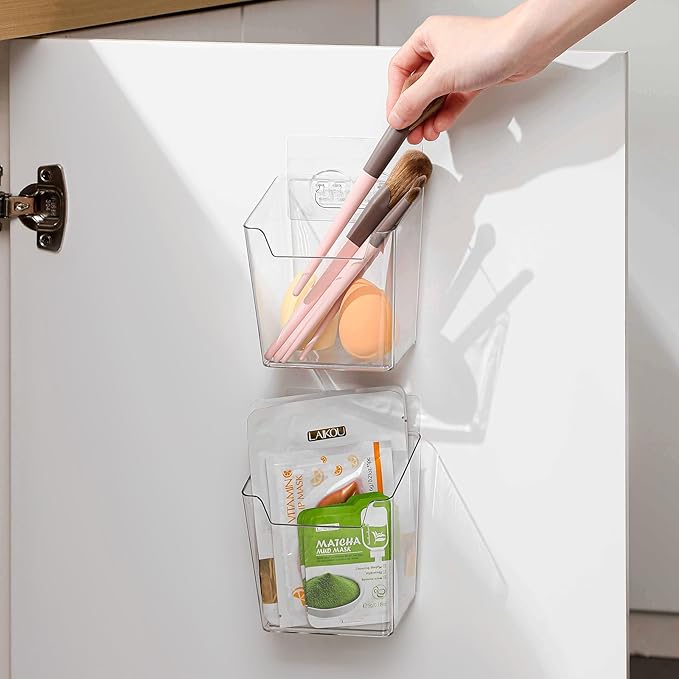 Clear Inside Cabinet Door Organizer, 6 Pack Plastic Wall Storage Bin Adhesive, Vertical Versatile Caddy Makeup Brush Pen Holder for Small Spaces in Bathroom, Office, Kid's Room Organization, No-Drill - Image 2