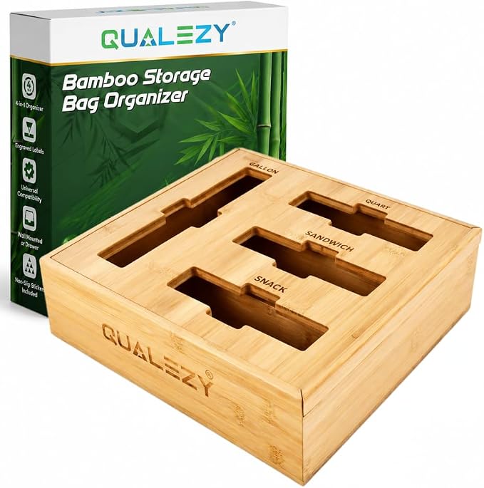 Bamboo Storage Bag Organizer for Drawer | 4-in-1 Baggie Organizer, Kitchen Drawer, Wall Mount & Countertop, Gallon, Quart, Sandwich & Snack, Engraved Labels by Qualezy