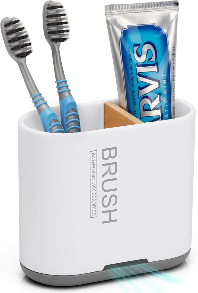 Bamboo Toothbrush Holder for Bathrooms Toothpaste Organizer, Small, White | 2 Slots, Easy to Clean, Plastic, Kids Electric Toothbrush, Drainage, Removable, For Bathroom, Vanity, Kitchen Sink, Office by Chintu