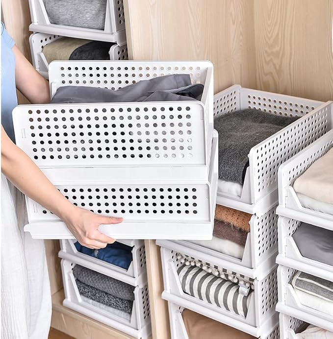 Folding Wardrobe Storage Box 4-Pack Plastic Drawer Organizer Stackable Shelf Baskets Cloth Closet Containers Bin Cubes,Home Office Bedroom Laundry Fold Pull Out Dividers for Clothes,Toys White - Image 2