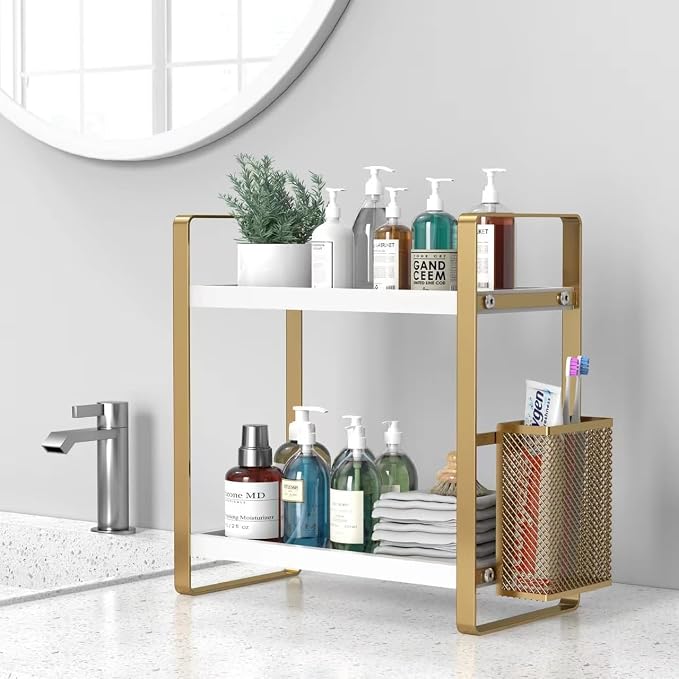 Bathroom Counter Organizer with Basket, Perfume,Makeup Organizers for Vanity,Storage Organizers for Bathroom, Kitchen, Dresser（White） - Image 4