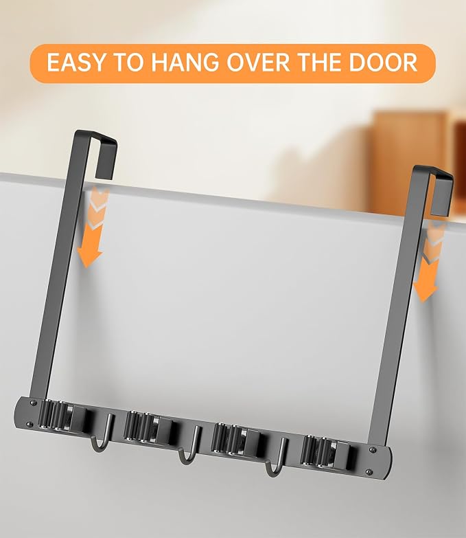 Broom Holder Over The Door with Hooks -304 Stainless Steel (Black) | Save Space, Anti-Rust & Sturdy, Mop and Broom Holder Wall Mounted or Hanging Over The Door, for Garage Laundry Kitchen - Image 6