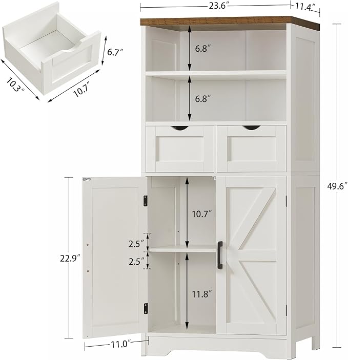 Storage Cabinet with Doors & 2 Drawers, Kitchen Cabinet with Adjustable Shelf, Pantry Cabinets, Bathroom Cabinets, for Living Room, Entryway, Home Office, White - Image 3