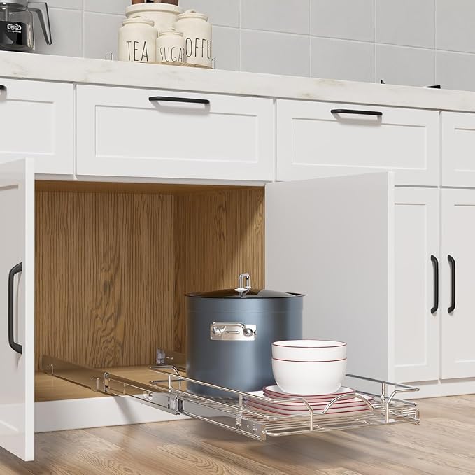 OCG Pull Out Cabinet Organizer 2 Pack (12" W x 21" D), Pull out Shelves 1 Tier, Cabinet Slide Out Shelves for Base Cabinet Organization in Kitchen Bathroom Pantry, Bottom Mount, Chrome Finish - Image 3