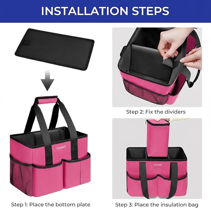 Ytonet Portable Cleaning Caddy with Handle, Water Resistant Cleaning Bag | with Handle & Foldable Divider for Cleaners, Housekeeping Tote for Kitchen & Bathroom, Car Tool Caddy Organizer Bag, Rosered - Image 4