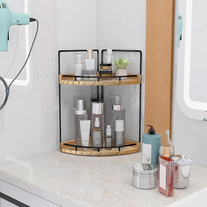 Dorhors Corner Bathroom Counter Organizer,Vanity Countertop Storage Shelf | 2-Tier Rustic Brown Rack Holder for Skincare,Perfume,Makeup,Lotion,Wood Sink Tray Stand for Kitchen,Restroom,Dresser - Image 2