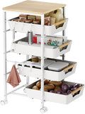 5-Tier Kitchen Storage Cart, Wood Top Rolling Cart Organizer with Pull-Out Baskets & Wheels, Metal Snack Cart with Holder for Fruit, Vegetable, Microwave, Kitchen, Pantry, White by Landmok