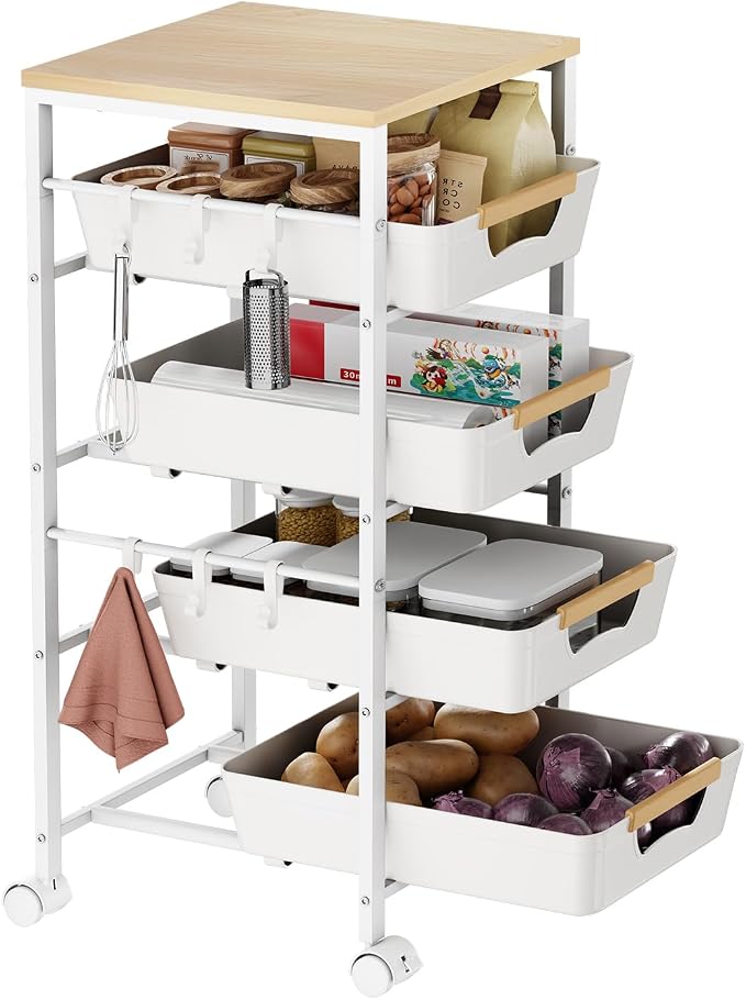 5-Tier Kitchen Storage Cart, Wood Top Rolling Cart Organizer with Pull-Out Baskets & Wheels, Metal Snack Cart with Holder for Fruit, Vegetable, Microwave, Kitchen, Pantry, White by Landmok