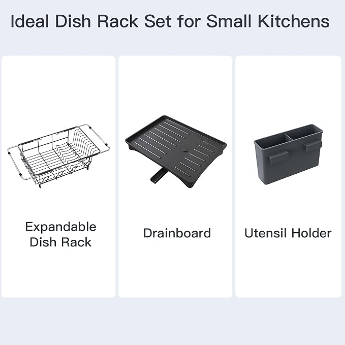Grey Dish Drying Rack Over Sink with Utensil Holder, Drainboard | Expandable Stainless Steel Dish Drainer for Small Kitchen, Apartment, RV, Counter Space Saving, Perfect Fit, Rustproof - Image 9
