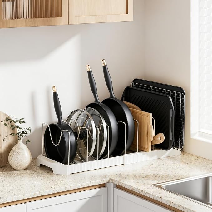MUDEELA Pots and Pans Organizer under Cabinet, Pan Pot Organizer Inside Cabinet, Expandable 12.9''-21.88'' Pot Lid Organizer Holder with 10 Adjustable Dividers for Cutting Boards, Pan Lid Rack, White - Image 8