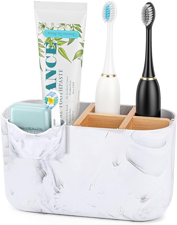 GFWARE Marble Toothbrush Holder, Bathroom Storage Organizer with Small Box | 5 Slots Kids Electric Toothbrush and Toothpaste Holder with Bamboo Divider, Marble-Look Bathroom Accessories Storage by GFWARE