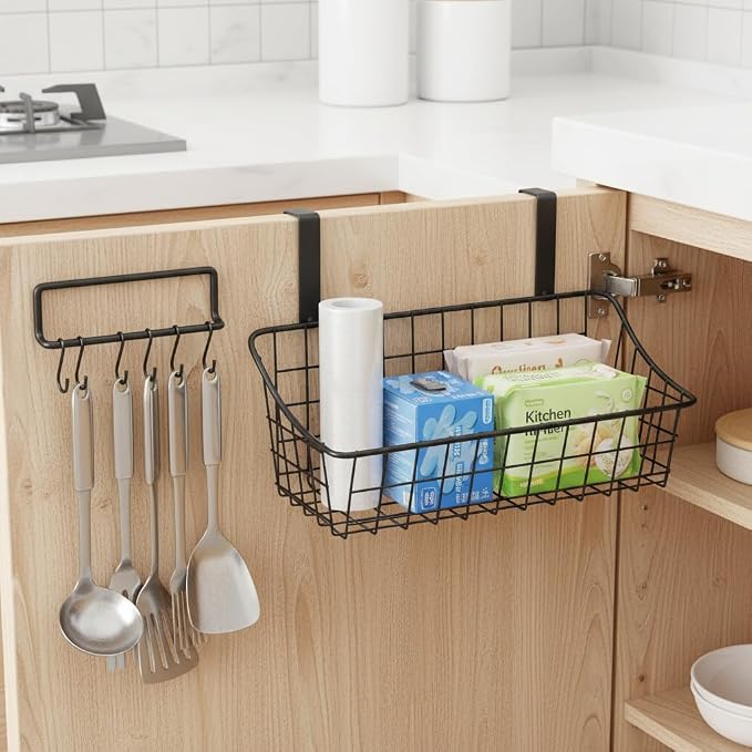 LeleCAT Over Cabinet Door Basket with hook Grid Storage Basket, Kitchen Storage Organizer,Over Cabinet Door Organizer,Hanging it behind a door or on a railing, Small, BLack,2 Pack - Image 4