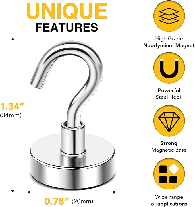 DIYMAG Magnetic Hooks 20pcs 50lbs Cruise Essentials 2026 Magnet Hook | Neodymium Heavy Duty Strong Magnets Hanging Ship Cabins Refrigerator Fridge Classroom Beach Vacation Kitchen Grills Home Tool - Image 2