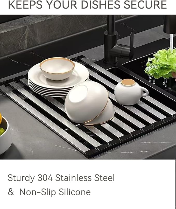 17.72" Dish Drying Rack Over the Sink, 1.28lb Heavy-Duty 304 Stainless Steel, Non-Slip Silicone Edges, Folding Space-Saving for Home & RV Kitchen, Dish Drainer, Cooling Rack & Sink Cover - Image 3