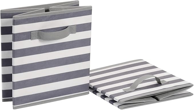 Amazon Basics Collapsible Fabric Storage Bins with Handles, Cube Organizer for Organizing, 13"x13"x13", White/Light Grey Stripe, 6-Pack - Image 4