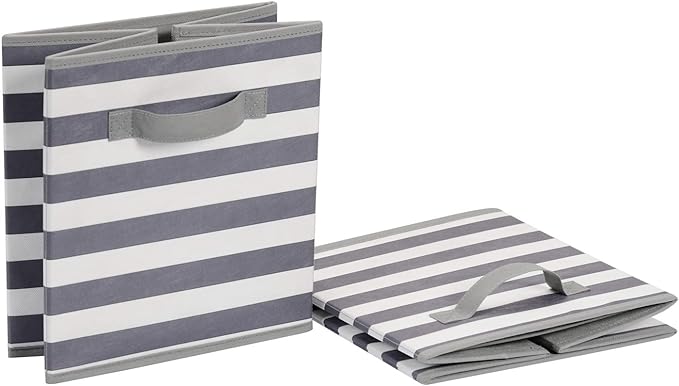 Amazon Basics Collapsible Fabric Storage Bins with Handles, Cube Organizer for Home Organization, 10.5"x10.5"x11", White/Light Grey Stripe, 6-Pack - Image 4