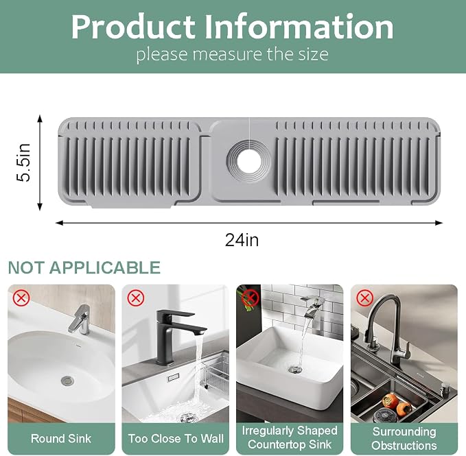 24 Inch Upgraded Draining Mat Folding Faucet Mat for kitchen sink Faucet Draining Mat with Button Lock Silicone Splash Guard faucet Pad for Kitchen Bathroom Bar(Grey) - Image 2
