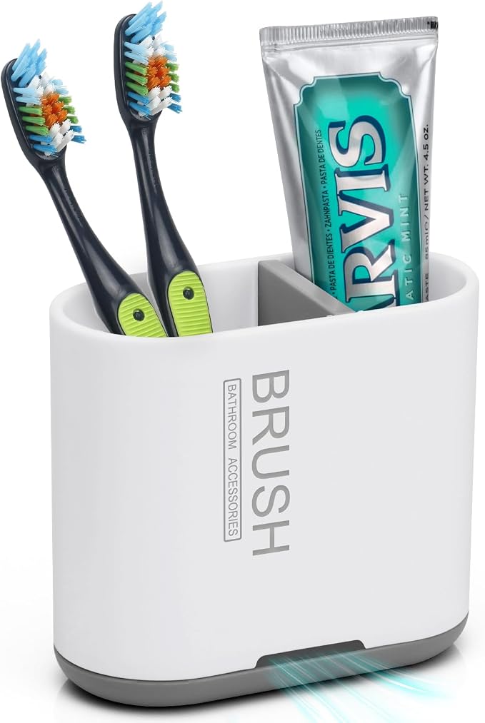 Toothbrush Holders Toothpaste Organizer for Bathrooms, White, Small | 2 Slots, Easy to Clean, Plastic, Kids Electric Toothbrush, Drainage, Removable, For Bathroom, Vanity, Kitchen Sink, Office by Chintu