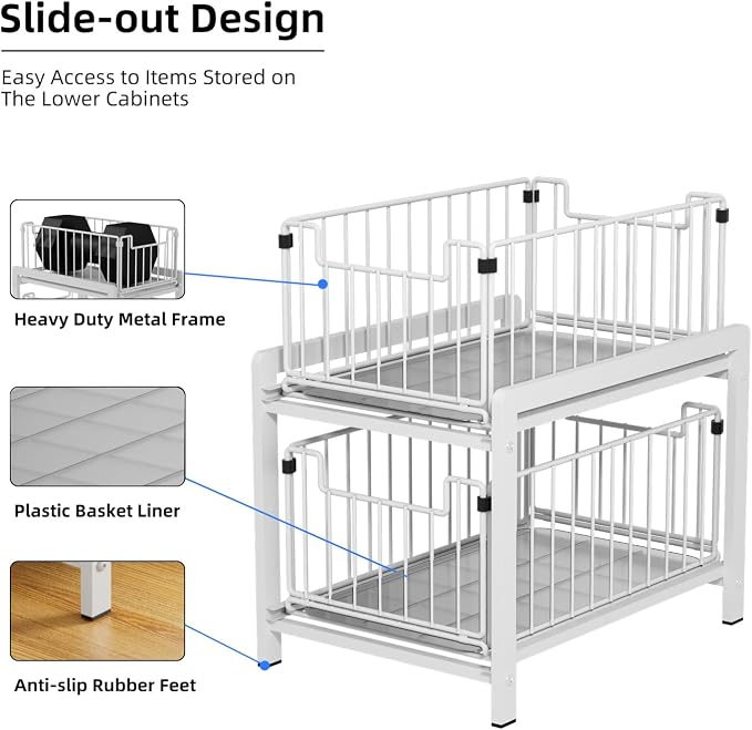 2-Tier Pull Out Cabinet Organizer, Slide Out Under Sink Organizer | Metal Cabinet Baskets with Mesh Sliding Drawer for Home, Office, Bathroom, Kitchen, Pantry Storage Shelf, Large White - Image 4