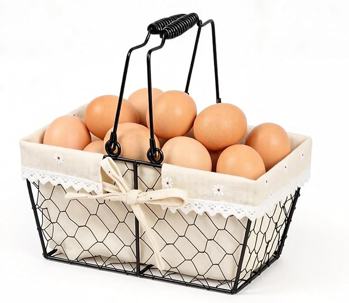 Farmhouse Vintage Metal Wire Chicken Egg Basket with Handle, Square Storage Basket with Removable Linen Liner, Decorative Countertop Organizer for Gathering Fresh Eggs, Fruits and Vegetables by Unknown