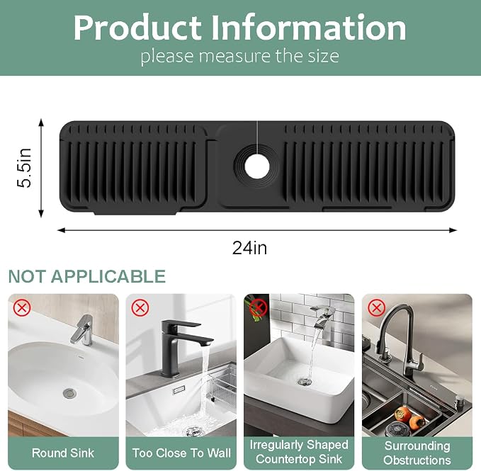 24 Inch Faucet Mat for Kitchen Sink Silicone Folding Faucet Mat for Bathroom Sink Splash Guard 7° Slope Water Draining Tray with Button Lock for Kitchen Bathroom Bar ect(Black) - Image 2