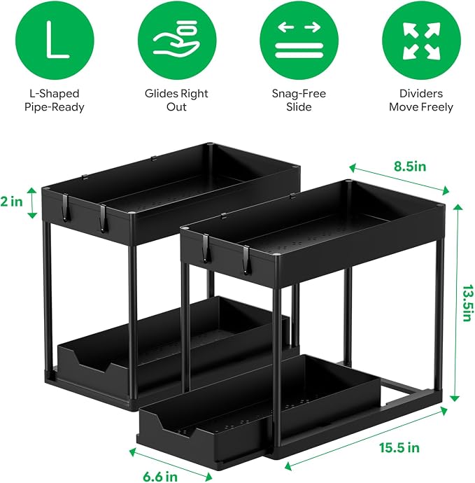 Ekisemio 2 Pack 2-Tier Under Sink Organizers with Sliding Drawer, Black | 2 Pack 2-Tier Under Sink Organizers | Sliding Drawer | Sturdy Metal Frame | Tool-Free Assembly | Space Saving | Black - Image 2