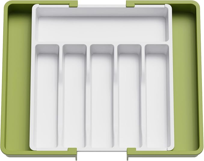 Lifewit Extra Large Silverware Drawer Organizer, Expandable Utensil Tray | BPA Free Flatware Cutlery Holder for Kitchen, Adjustable Plastic Storage for Spoons Forks Knives, 13-22 x15, Green&White by Lifewit